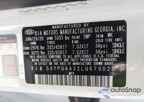 2020 Kia Sorento 2.4L L from USA, damaged, VIN 5XYPG4A32LG673025